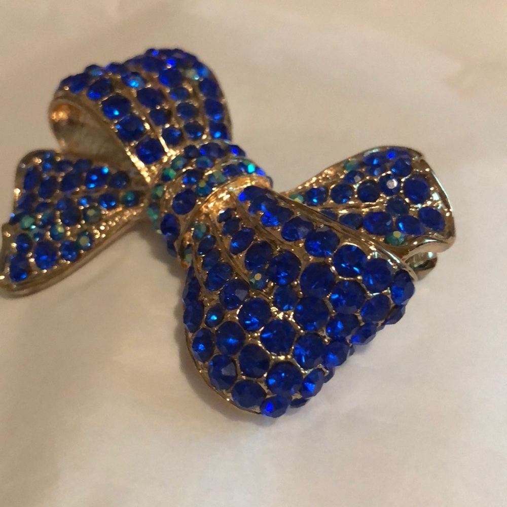 Blue Rhinestone Bow Brooch - Picture 2 of 6